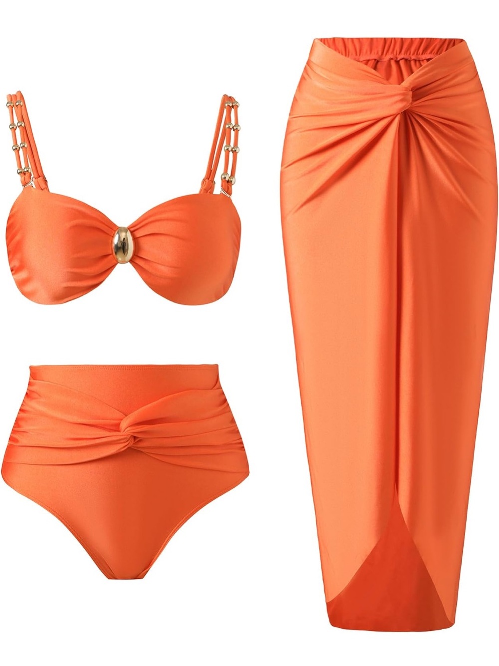 Amazon Orange 3-Piece Bikini Set with Sarong